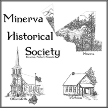 Minerva Historical Society Logo showing museum, schoolhouse and outline of Minerva